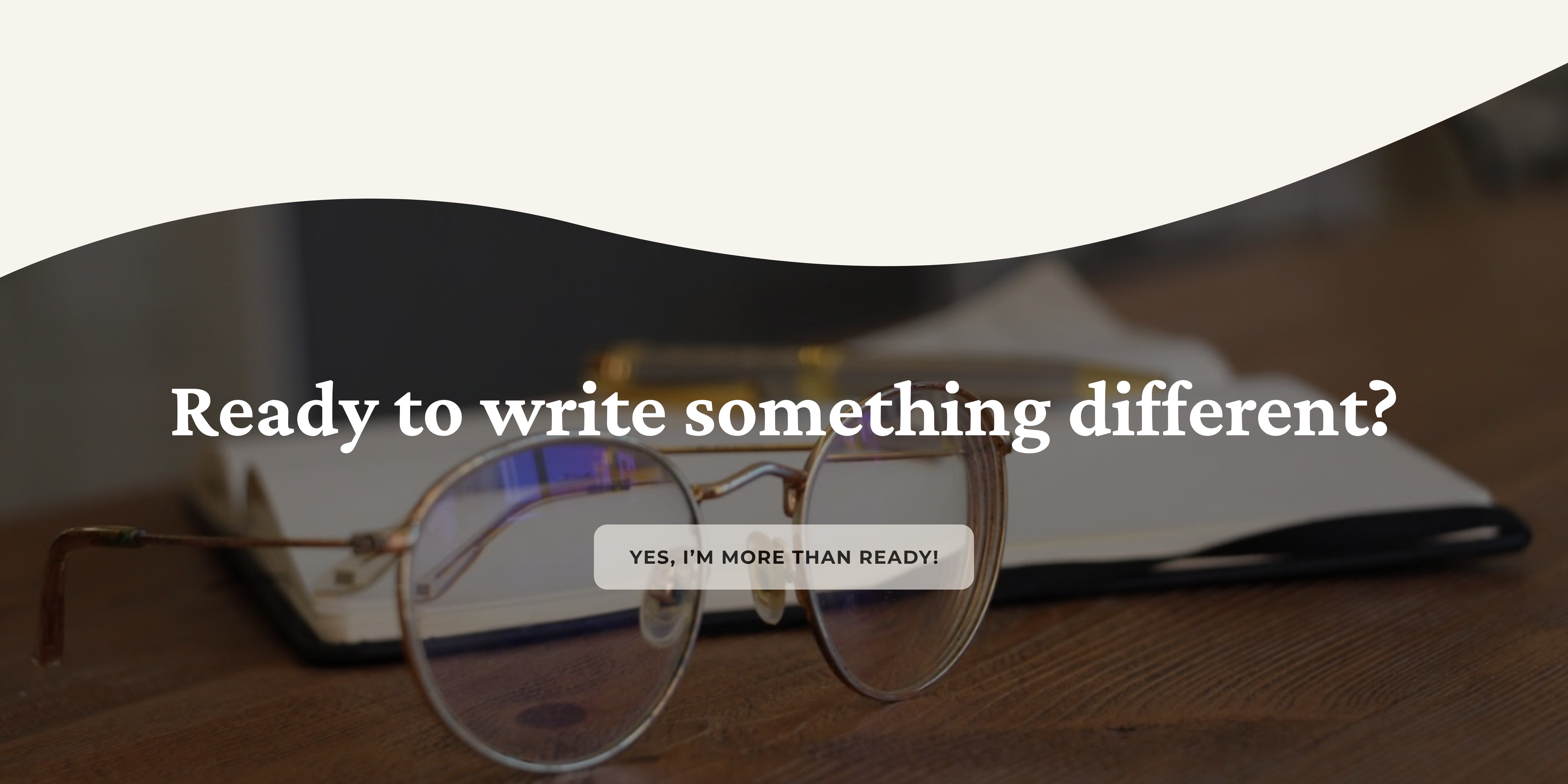 Close-up of glasses on a notebook with the text ‘Ready to write something different?’ and a call-to-action to contact Celia Yélamos, bilingual copywriter