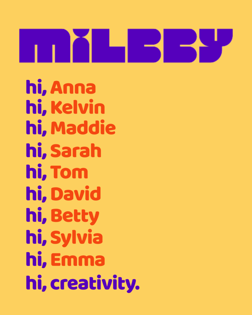 Milbby campaign visuals saying ‘hi, creativity’ with localized names in English as part of the Milb-by Me global copywriting concept