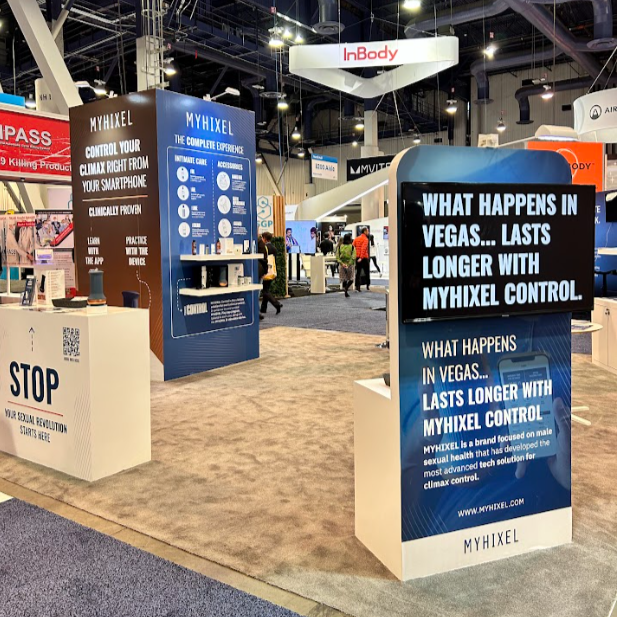 MYHIXEL stand at CES 2024 in Las Vegas featuring the slogan ‘What happens in Vegas… lasts longer with MYHIXEL Control’ to promote men’s sexual wellness solutions