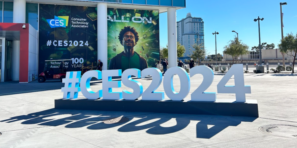 Entrance of CES 2024 in Las Vegas with large #CES2024 sign — global technology event where MYHIXEL presented its men’s health innovation